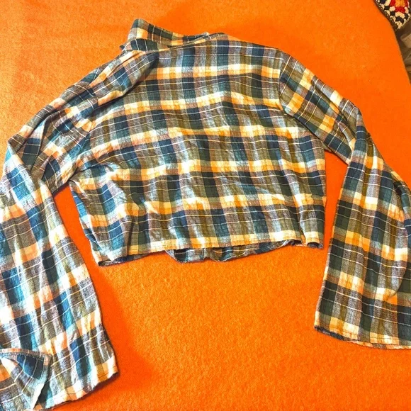 Green and brown boho flared sleeves gauze flannel cropped shirt NWT - Picture 7 of 7